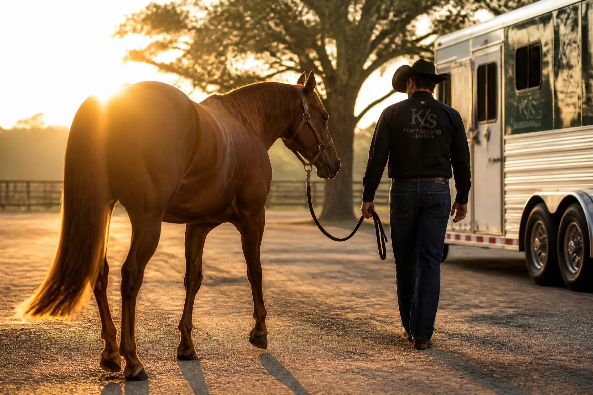 Professional horse handler leading a chestnut horse to a horse trailer at sunrise